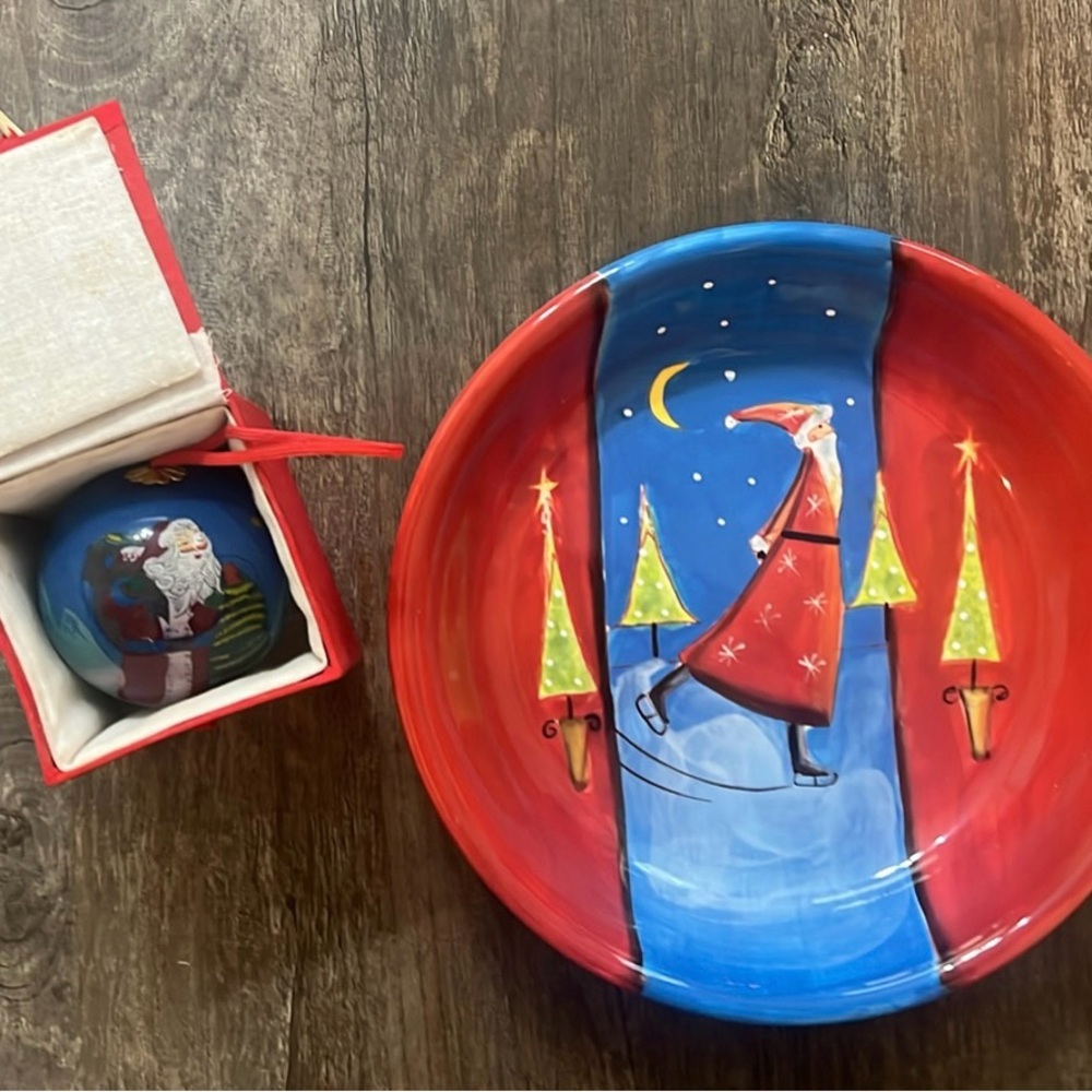 FINAL PRICE Festive Santa Ceramic Bowl and Ornament Set